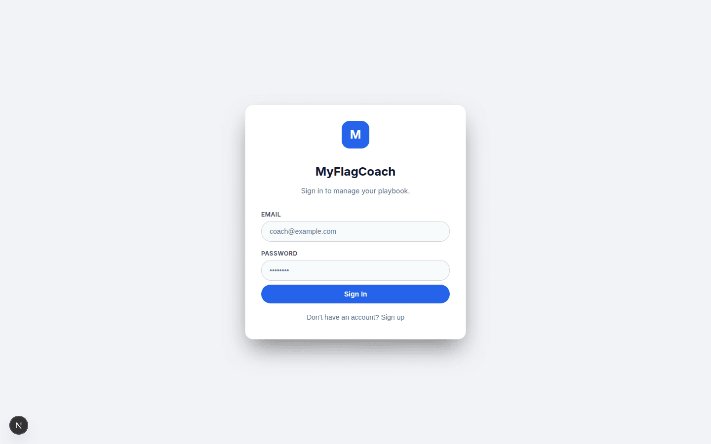 The MyFlagCoach sign-in screen.